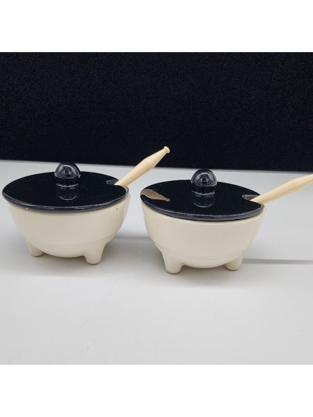 MCM Shawnee Jelly Bowls Black Lids and Spoons Ivory Color